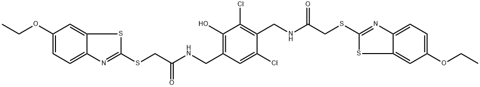 N-[[3,5-dichloro-4-[[[2-[(6-ethoxy-1,3-benzothiazol-2-yl)sulfanyl]acetyl]amino]methyl]-2-hydroxyphenyl]methyl]-2-[(6-ethoxy-1,3-benzothiazol-2-yl)sulfanyl]acetamide Structure