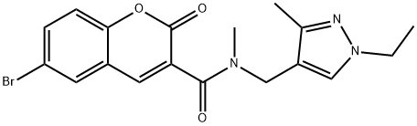 6-bromo-N-[(1-ethyl-3-methylpyrazol-4-yl)methyl]-N-methyl-2-oxochromene-3-carboxamide 化学構造式