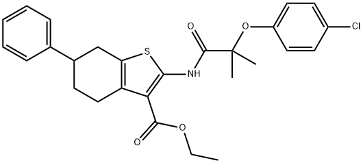 ethyl 2-[[2-(4-chlorophenoxy)-2-methylpropanoyl]amino]-6-phenyl-4,5,6,7-tetrahydro-1-benzothiophene-3-carboxylate 化学構造式