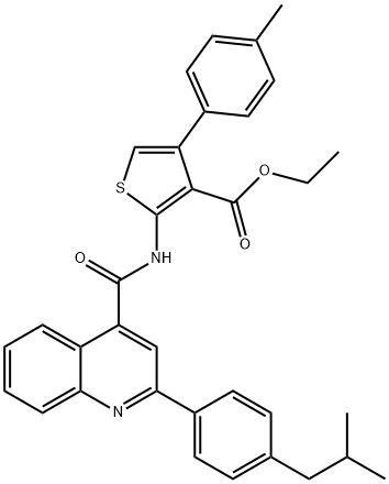 ethyl 4-(4-methylphenyl)-2-[[2-[4-(2-methylpropyl)phenyl]quinoline-4-carbonyl]amino]thiophene-3-carboxylate 化学構造式
