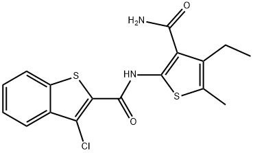 N-(3-carbamoyl-4-ethyl-5-methylthiophen-2-yl)-3-chloro-1-benzothiophene-2-carboxamide 化学構造式