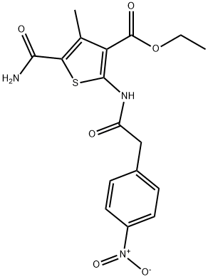 ethyl 5-carbamoyl-4-methyl-2-[[2-(4-nitrophenyl)acetyl]amino]thiophene-3-carboxylate Struktur