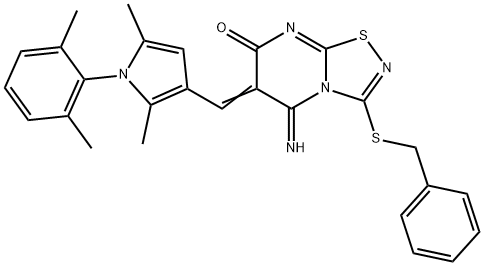 (6E)-3-benzylsulfanyl-6-[[1-(2,6-dimethylphenyl)-2,5-dimethylpyrrol-3-yl]methylidene]-5-imino-[1,2,4]thiadiazolo[4,5-a]pyrimidin-7-one Struktur