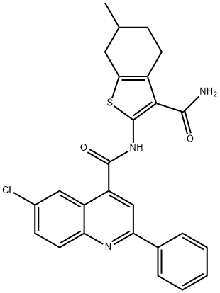 N-(3-carbamoyl-6-methyl-4,5,6,7-tetrahydro-1-benzothiophen-2-yl)-6-chloro-2-phenylquinoline-4-carboxamide 化学構造式