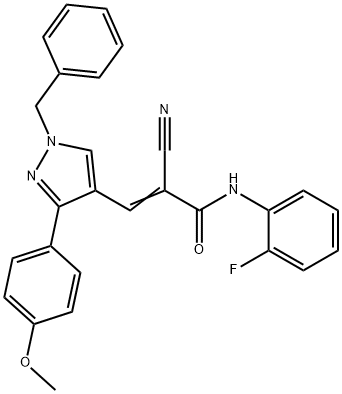 (E)-3-[1-benzyl-3-(4-methoxyphenyl)pyrazol-4-yl]-2-cyano-N-(2-fluorophenyl)prop-2-enamide Struktur