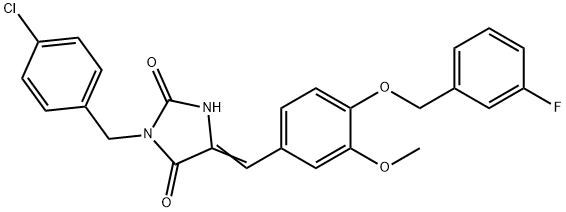 (5Z)-3-[(4-chlorophenyl)methyl]-5-[[4-[(3-fluorophenyl)methoxy]-3-methoxyphenyl]methylidene]imidazolidine-2,4-dione Structure