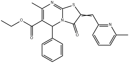 ethyl (2E)-7-methyl-2-[(6-methylpyridin-2-yl)methylidene]-3-oxo-5-phenyl-5H-[1,3]thiazolo[3,2-a]pyrimidine-6-carboxylate Struktur