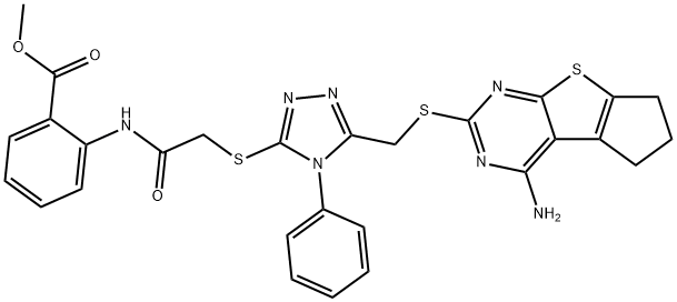 methyl 2-[[2-[[5-[(1-amino-7,8-dihydro-6H-cyclopenta[4,5]thieno[1,2-c]pyrimidin-3-yl)sulfanylmethyl]-4-phenyl-1,2,4-triazol-3-yl]sulfanyl]acetyl]amino]benzoate 结构式