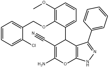 6-amino-4-[2-[(2-chlorophenyl)methoxy]-3-methoxyphenyl]-3-phenyl-2,4-dihydropyrano[2,3-c]pyrazole-5-carbonitrile Structure