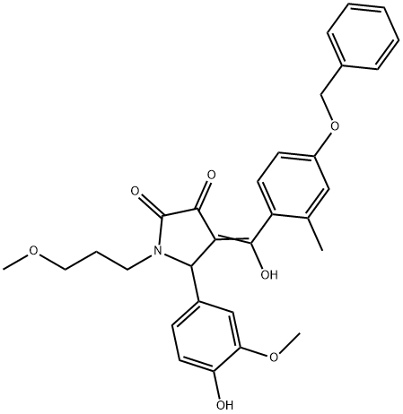 (4E)-5-(4-hydroxy-3-methoxyphenyl)-4-[hydroxy-(2-methyl-4-phenylmethoxyphenyl)methylidene]-1-(3-methoxypropyl)pyrrolidine-2,3-dione,672267-09-3,结构式