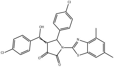 (4E)-5-(4-chlorophenyl)-4-[(4-chlorophenyl)-hydroxymethylidene]-1-(4,6-dimethyl-1,3-benzothiazol-2-yl)pyrrolidine-2,3-dione 化学構造式