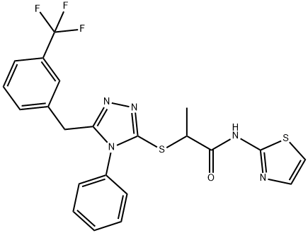 2-[[4-phenyl-5-[[3-(trifluoromethyl)phenyl]methyl]-1,2,4-triazol-3-yl]sulfanyl]-N-(1,3-thiazol-2-yl)propanamide Struktur