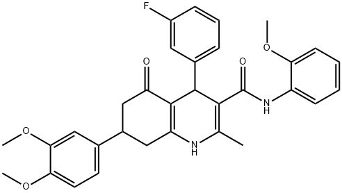 7-(3,4-dimethoxyphenyl)-4-(3-fluorophenyl)-N-(2-methoxyphenyl)-2-methyl-5-oxo-4,6,7,8-tetrahydro-1H-quinoline-3-carboxamide 结构式