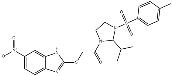 1-[3-(4-methylphenyl)sulfonyl-2-propan-2-ylimidazolidin-1-yl]-2-[(6-nitro-1H-benzimidazol-2-yl)sulfanyl]ethanone 结构式