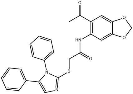 N-(6-acetyl-1,3-benzodioxol-5-yl)-2-(1,5-diphenylimidazol-2-yl)sulfanylacetamide 结构式