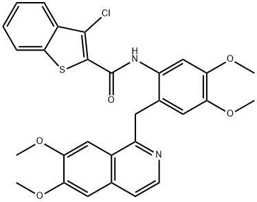 3-chloro-N-[2-[(6,7-dimethoxyisoquinolin-1-yl)methyl]-4,5-dimethoxyphenyl]-1-benzothiophene-2-carboxamide 结构式