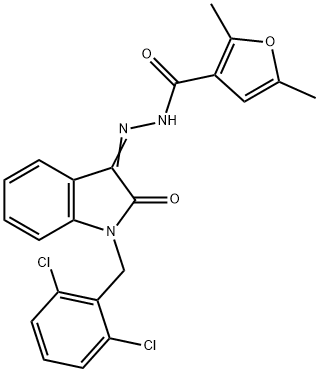 N-[(E)-[1-[(2,6-dichlorophenyl)methyl]-2-oxoindol-3-ylidene]amino]-2,5-dimethylfuran-3-carboxamide Struktur