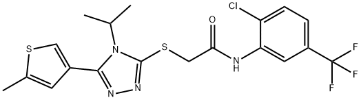 N-[2-chloro-5-(trifluoromethyl)phenyl]-2-[[5-(5-methylthiophen-3-yl)-4-propan-2-yl-1,2,4-triazol-3-yl]sulfanyl]acetamide 化学構造式