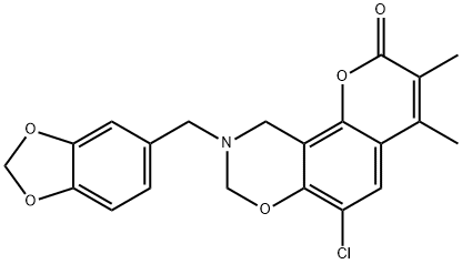9-(1,3-benzodioxol-5-ylmethyl)-6-chloro-3,4-dimethyl-8,10-dihydropyrano[2,3-f][1,3]benzoxazin-2-one 化学構造式