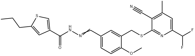 N-[(E)-[3-[[3-cyano-6-(difluoromethyl)-4-methylpyridin-2-yl]sulfanylmethyl]-4-methoxyphenyl]methylideneamino]-5-propylthiophene-3-carboxamide 化学構造式