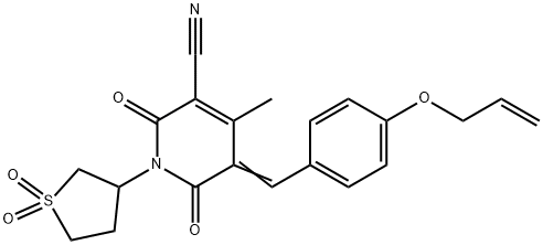 (5Z)-1-(1,1-dioxothiolan-3-yl)-4-methyl-2,6-dioxo-5-[(4-prop-2-enoxyphenyl)methylidene]pyridine-3-carbonitrile Struktur