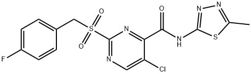 5-chloro-2-[(4-fluorophenyl)methylsulfonyl]-N-(5-methyl-1,3,4-thiadiazol-2-yl)pyrimidine-4-carboxamide 化学構造式