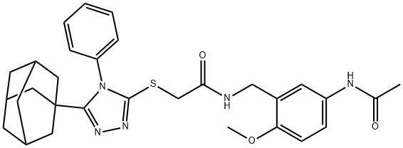 N-[(5-acetamido-2-methoxyphenyl)methyl]-2-[[5-(1-adamantyl)-4-phenyl-1,2,4-triazol-3-yl]sulfanyl]acetamide 结构式