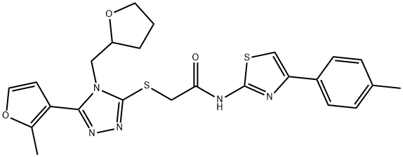 2-[[5-(2-methylfuran-3-yl)-4-(oxolan-2-ylmethyl)-1,2,4-triazol-3-yl]sulfanyl]-N-[4-(4-methylphenyl)-1,3-thiazol-2-yl]acetamide 结构式