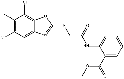 methyl 2-[[2-[(5,7-dichloro-6-methyl-1,3-benzoxazol-2-yl)sulfanyl]acetyl]amino]benzoate 结构式
