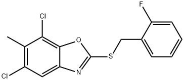 5,7-dichloro-2-[(2-fluorophenyl)methylsulfanyl]-6-methyl-1,3-benzoxazole,889955-16-2,结构式