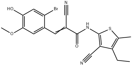 (E)-3-(2-bromo-4-hydroxy-5-methoxyphenyl)-2-cyano-N-(3-cyano-4-ethyl-5-methylthiophen-2-yl)prop-2-enamide 化学構造式