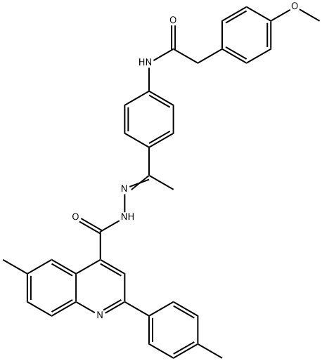 N-[(E)-1-[4-[[2-(4-methoxyphenyl)acetyl]amino]phenyl]ethylideneamino]-6-methyl-2-(4-methylphenyl)quinoline-4-carboxamide 化学構造式
