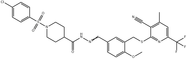 1-(4-chlorophenyl)sulfonyl-N-[(E)-[3-[[3-cyano-4-methyl-6-(trifluoromethyl)pyridin-2-yl]sulfanylmethyl]-4-methoxyphenyl]methylideneamino]piperidine-4-carboxamide Structure