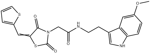 2-[(5Z)-2,4-dioxo-5-(thiophen-2-ylmethylidene)-1,3-thiazolidin-3-yl]-N-[2-(5-methoxy-1H-indol-3-yl)ethyl]acetamide 结构式