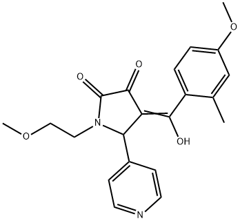 (E)-[1-(2-methoxyethyl)-4,5-dioxo-2-pyridin-1-ium-4-ylpyrrolidin-3-ylidene]-(4-methoxy-2-methylphenyl)methanolate 化学構造式