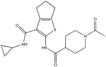 1-acetyl-N-[3-(cyclopropylcarbamoyl)-5,6-dihydro-4H-cyclopenta[b]thiophen-2-yl]piperidine-4-carboxamide Struktur