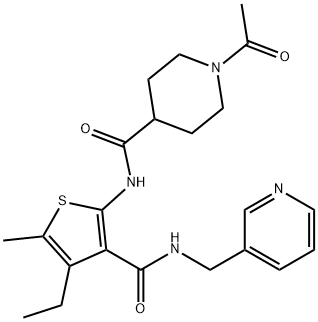 1-acetyl-N-[4-ethyl-5-methyl-3-(pyridin-3-ylmethylcarbamoyl)thiophen-2-yl]piperidine-4-carboxamide 化学構造式
