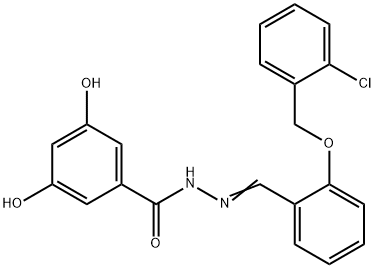 N-[(E)-[2-[(2-chlorophenyl)methoxy]phenyl]methylideneamino]-3,5-dihydroxybenzamide Struktur