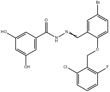 N-[(E)-[5-bromo-2-[(2-chloro-6-fluorophenyl)methoxy]phenyl]methylideneamino]-3,5-dihydroxybenzamide Structure