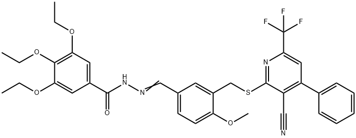 N-[(E)-[3-[[3-cyano-4-phenyl-6-(trifluoromethyl)pyridin-2-yl]sulfanylmethyl]-4-methoxyphenyl]methylideneamino]-3,4,5-triethoxybenzamide Struktur