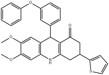 6,7-dimethoxy-9-(3-phenoxyphenyl)-3-thiophen-2-yl-3,4,9,10-tetrahydro-2H-acridin-1-one Structure