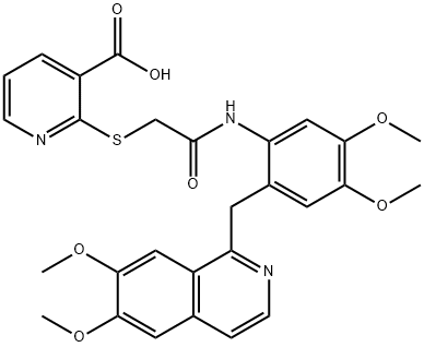 2-[2-[2-[(6,7-dimethoxyisoquinolin-1-yl)methyl]-4,5-dimethoxyanilino]-2-oxoethyl]sulfanylpyridine-3-carboxylic acid 化学構造式