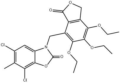 5,7-dichloro-6-methyl-3-[(5,6,7-triethoxy-3-oxo-1H-2-benzofuran-4-yl)methyl]-1,3-benzoxazol-2-one Structure