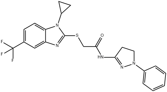 2-[1-cyclopropyl-5-(trifluoromethyl)benzimidazol-2-yl]sulfanyl-N-(2-phenyl-3,4-dihydropyrazol-5-yl)acetamide 化学構造式