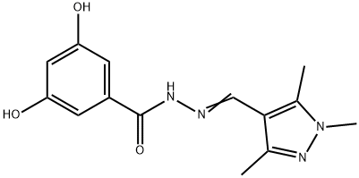 3,5-dihydroxy-N-[(E)-(1,3,5-trimethylpyrazol-4-yl)methylideneamino]benzamide 化学構造式