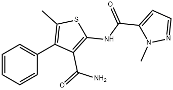 N-(3-carbamoyl-5-methyl-4-phenylthiophen-2-yl)-2-methylpyrazole-3-carboxamide Struktur