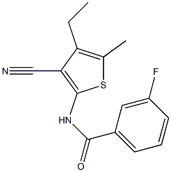 N-(3-cyano-4-ethyl-5-methylthiophen-2-yl)-3-fluorobenzamide 化学構造式