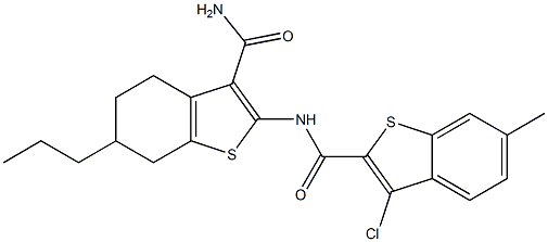 N-(3-carbamoyl-6-propyl-4,5,6,7-tetrahydro-1-benzothiophen-2-yl)-3-chloro-6-methyl-1-benzothiophene-2-carboxamide Struktur