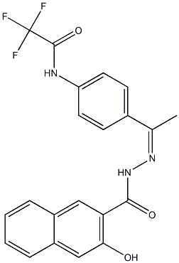 3-hydroxy-N-[(Z)-1-[4-[(2,2,2-trifluoroacetyl)amino]phenyl]ethylideneamino]naphthalene-2-carboxamide Struktur