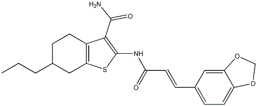 2-[[(E)-3-(1,3-benzodioxol-5-yl)prop-2-enoyl]amino]-6-propyl-4,5,6,7-tetrahydro-1-benzothiophene-3-carboxamide,,结构式